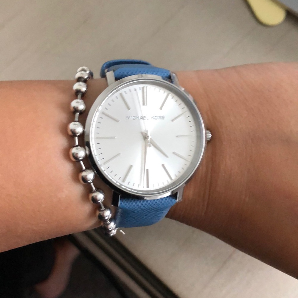Silver faced with Blue Leather strap MK watch
